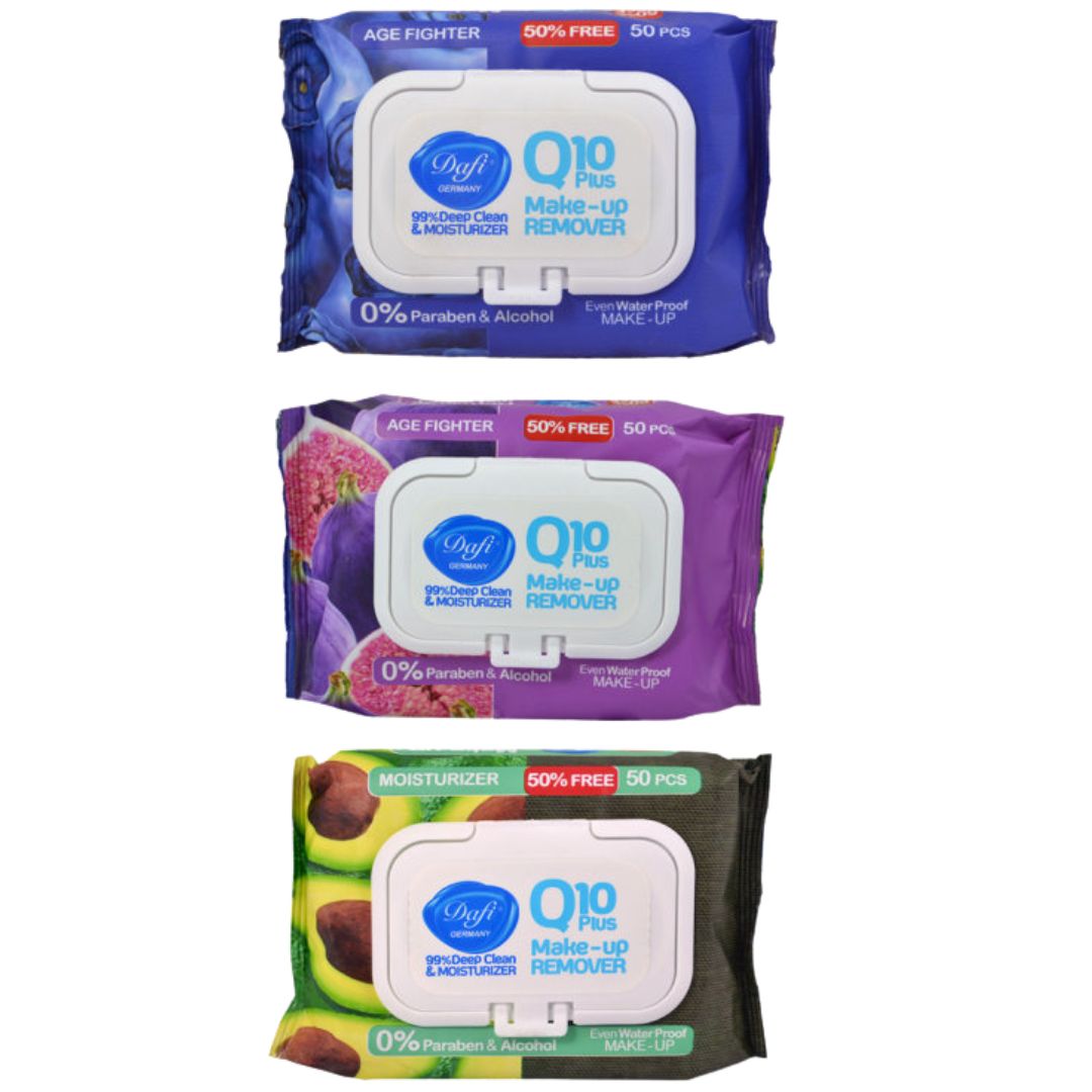 دستمال مرطوب پاک کننده آرایش Q10 میوه ای دافی 50 عددی