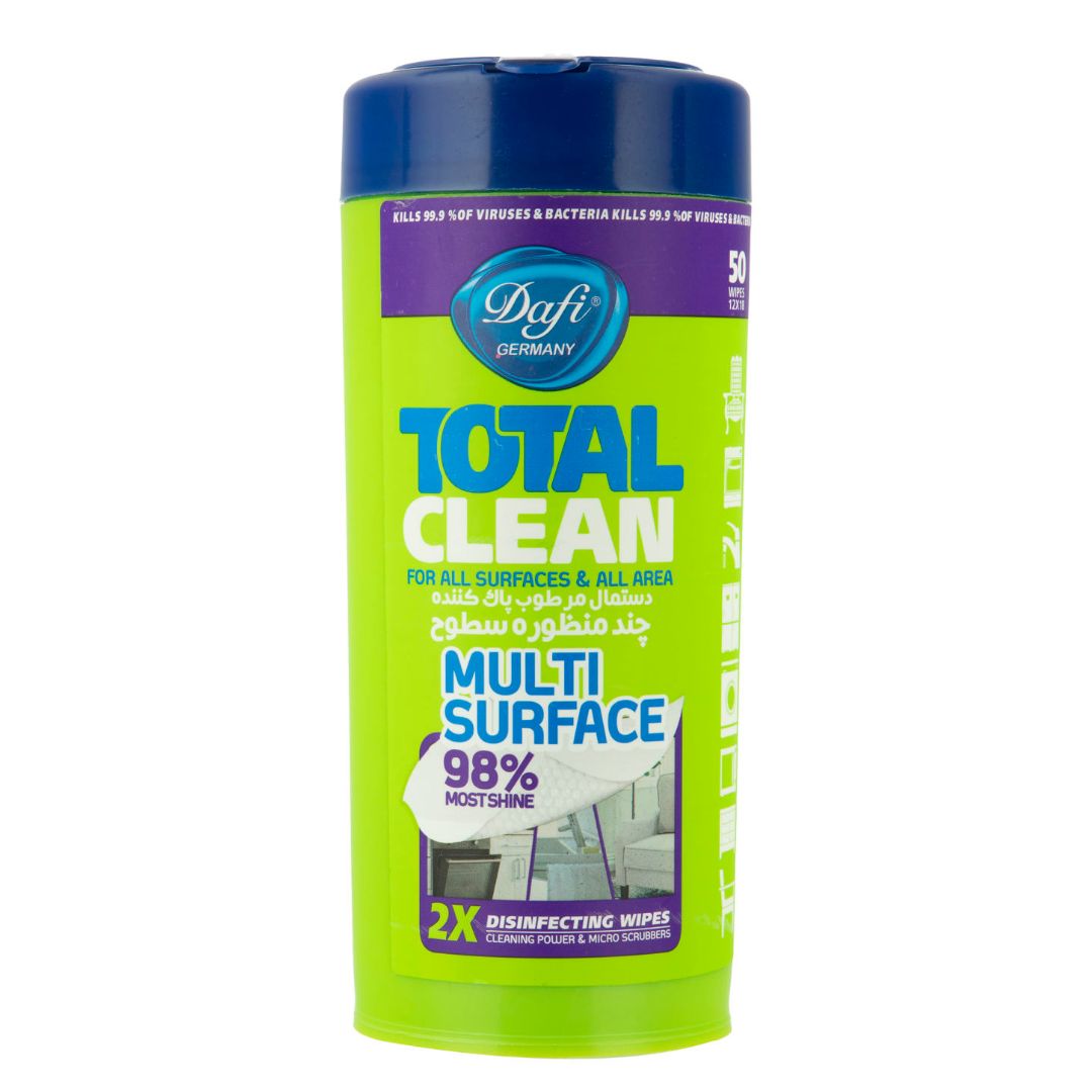 دستمال مرطوب پاک کننده چند منظوره سطوح دافی بسته ۵۰ عددی